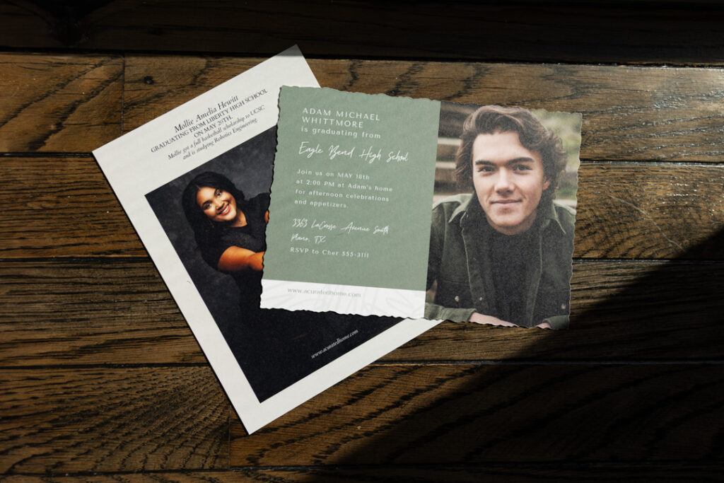 Two elegant graduation announcements displayed on a wooden floor, featuring personalized senior portraits and modern typography. One card showcases a formal black-and-white senior photo with college acceptance details, while the other includes a casual outdoor portrait with graduation party invitation details. This image is part of our Graduation Etiquette Guide, offering inspiration for high school senior graduation invitations, custom announcements, and senior photography ideas. Captured by a Lawrence, KS senior photographer.