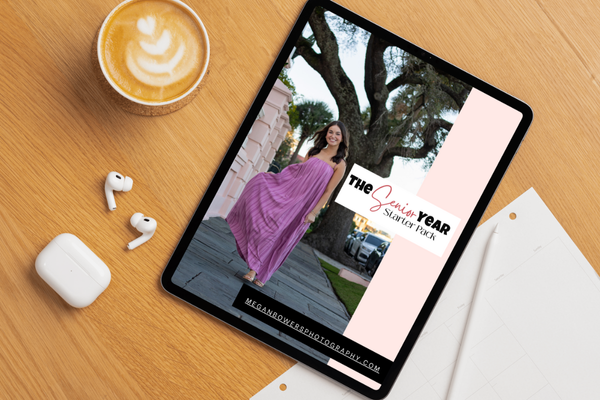 Free Senior Year Starter Pack for Class of 2026 shown on iPad mockup – includes senior year tips, outfit inspo, and photo prep guide.