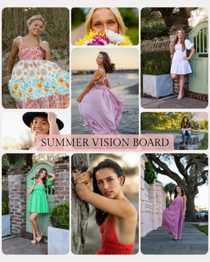 Collage of summer senior pictures to inspire what to wear and when to book your session – Megan Bowers Photography