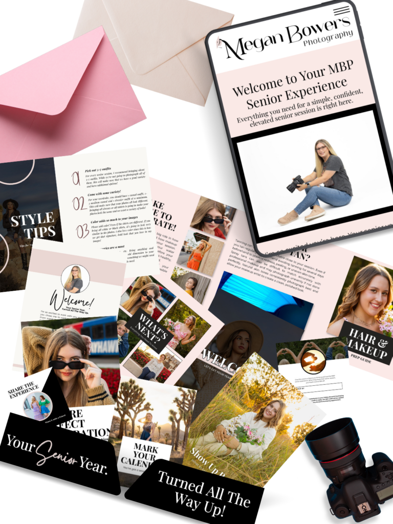 Megan Bowers Photography senior experience welcome guide flat lay showing style tips, hair and makeup details, and digital magazine pages for Lawrence, KS high school senior portrait clients