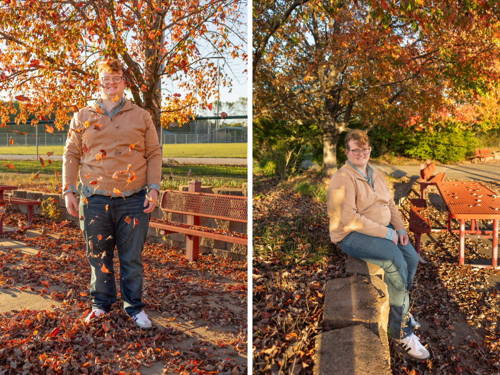 Senior guy tossing fall leaves in the air and sitting among autumn leaves at golden hour during his Lawrence senior portraits