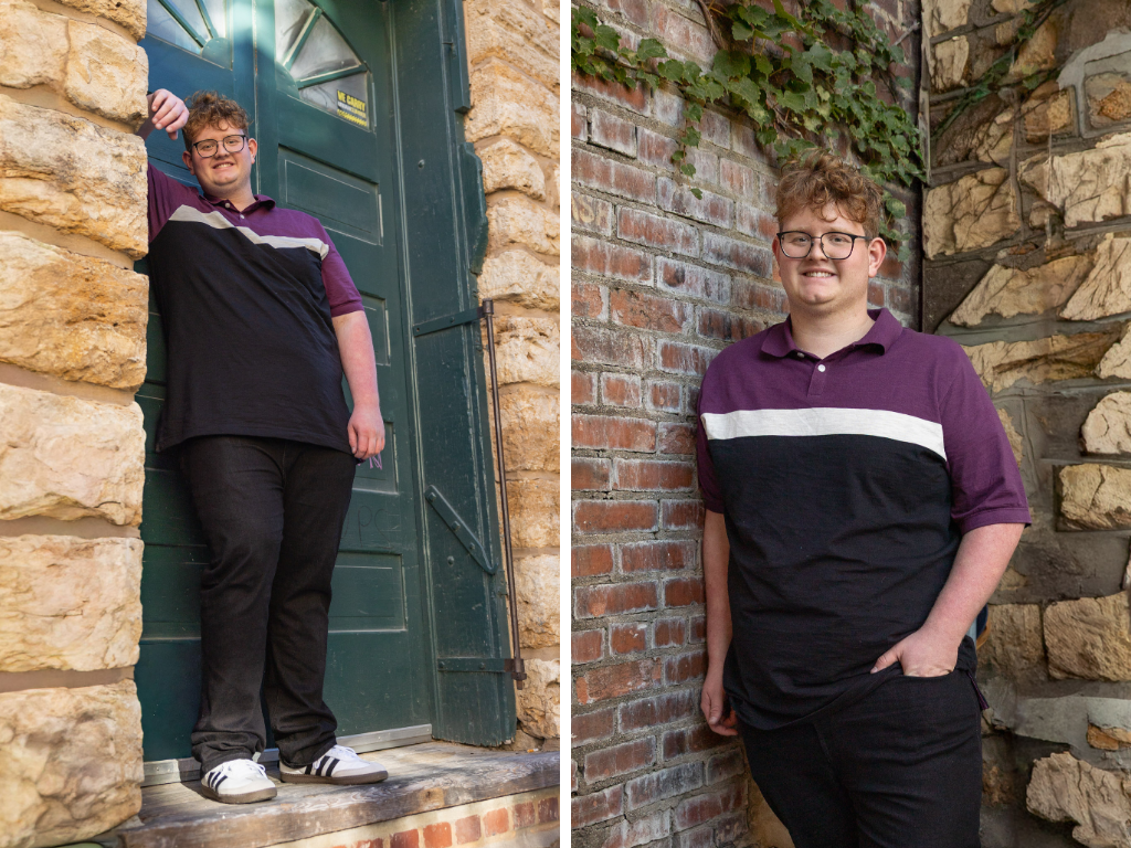 Senior guy in a purple color-block polo posing in a green doorway and against an ivy-covered stone wall in Downtown Lawrence