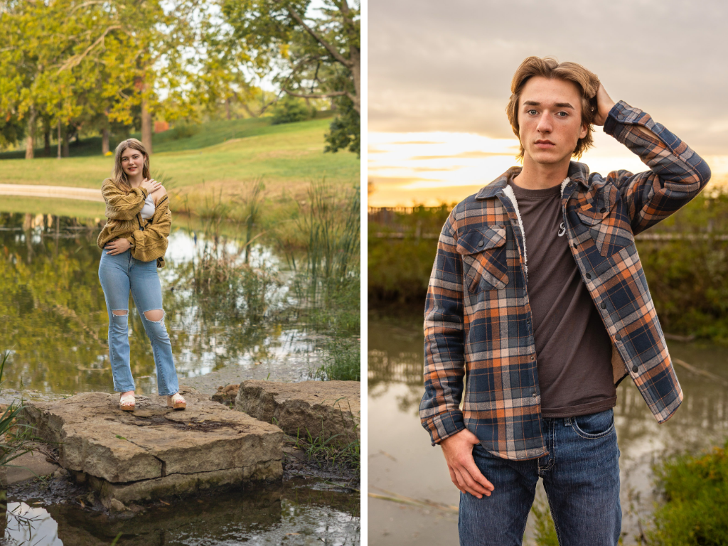 Two Lawrence senior portraits showing fall layering, a girl in an open mustard corduroy jacket over a fitted top with tucked-in jeans by a pond, and a guy in an open plaid flannel over a fitted tee at sunset.