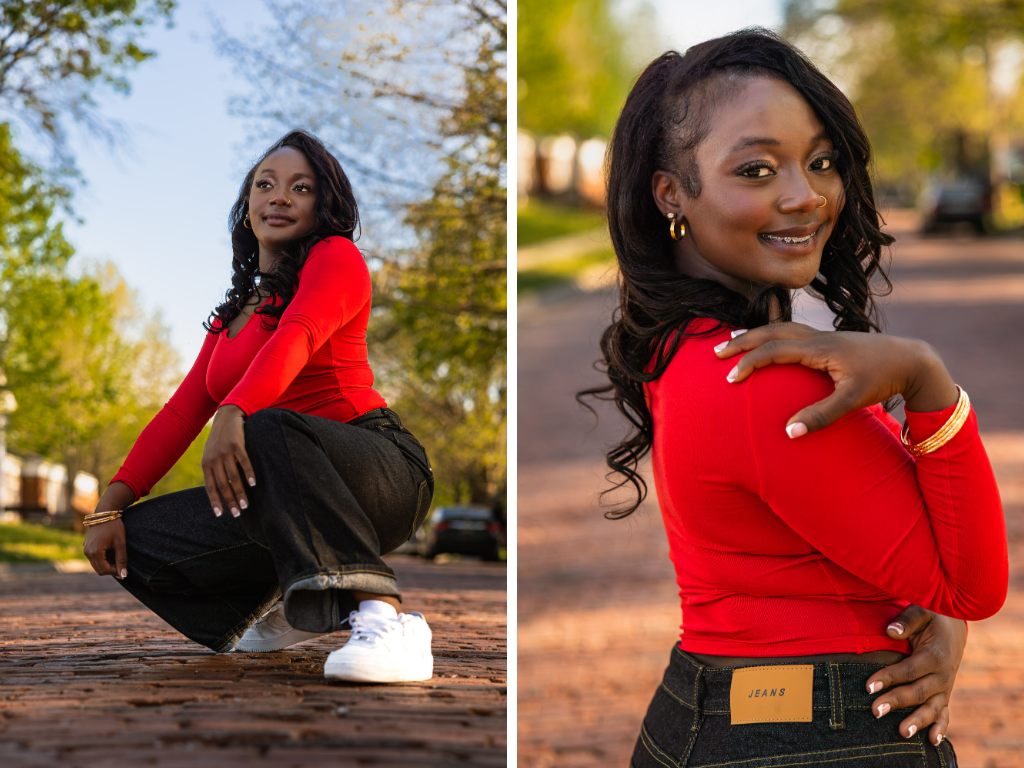 Lawrence senior Tay crouching on a downtown brick street in a red top and black wide-leg jeans, with a close-up over-the-shoulder portrait.
