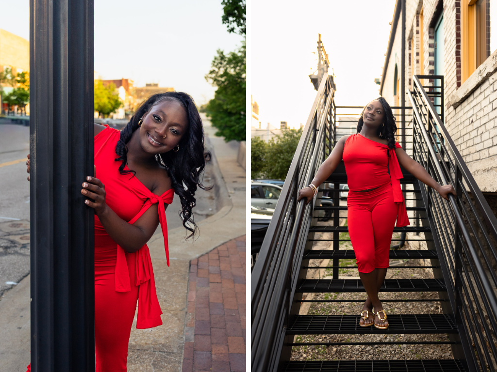 Tay in a red jumpsuit and gold sandals peeking around a lamp post on Mass Street and posing on a black metal staircase downtown.