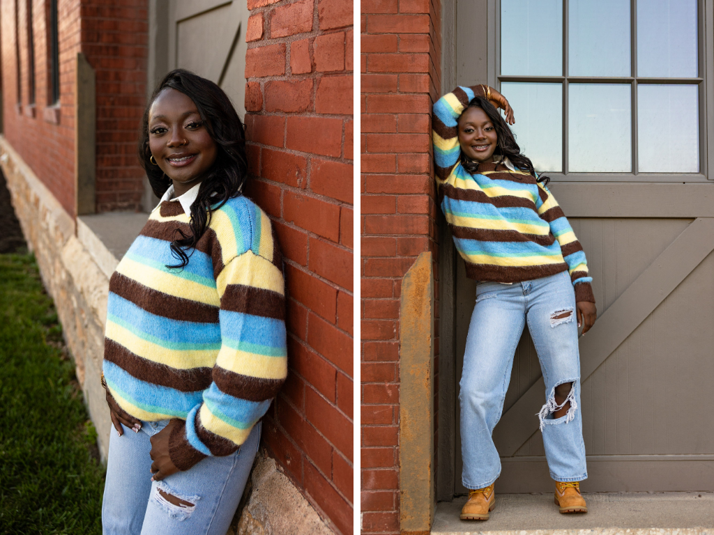 Striped-sweater portraits of Tay leaning against the red brick corner of a downtown Lawrence building in ripped jeans and tan boots.