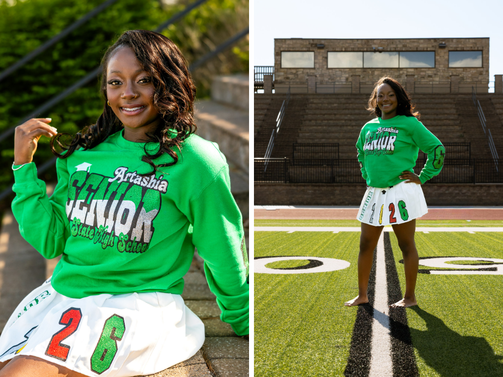 Tay on the Free State football field in her green Artashia senior sweatshirt and white 2026 skirt, sitting on the stadium steps and standing on the yard lines.