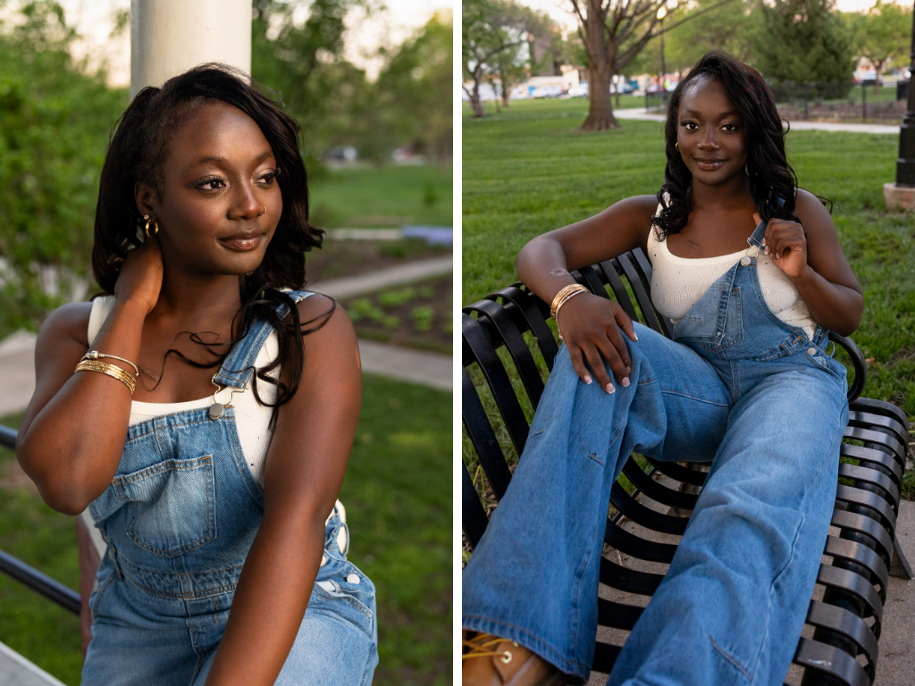 Golden hour South Park portraits of Tay in denim overalls and a white tank, leaning against the white bandstand column and relaxing on a black park bench.