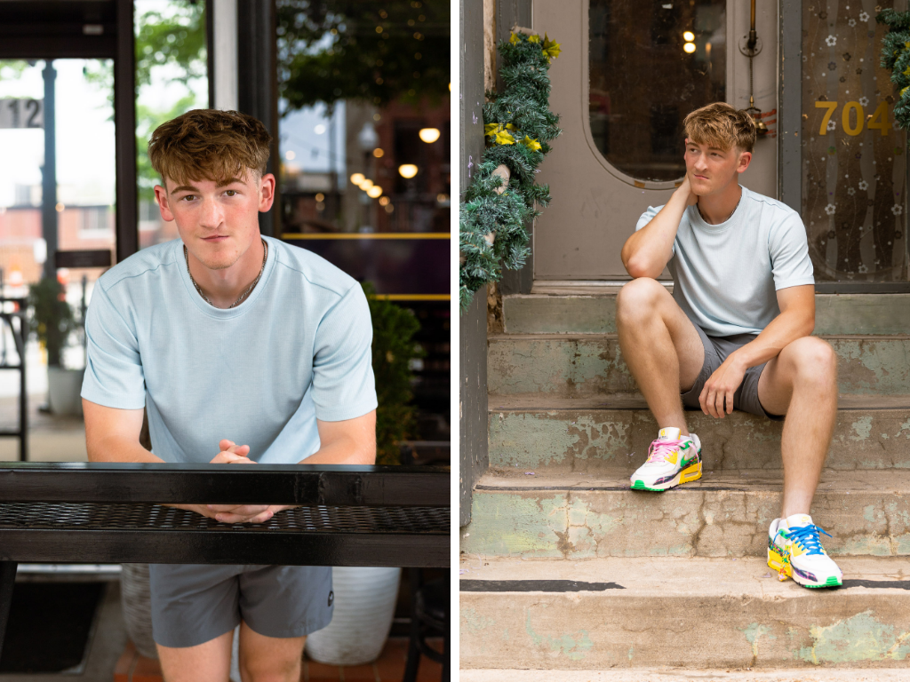 Senior guy leaning on a railing downtown and sitting on weathered steps beside a doorway.
