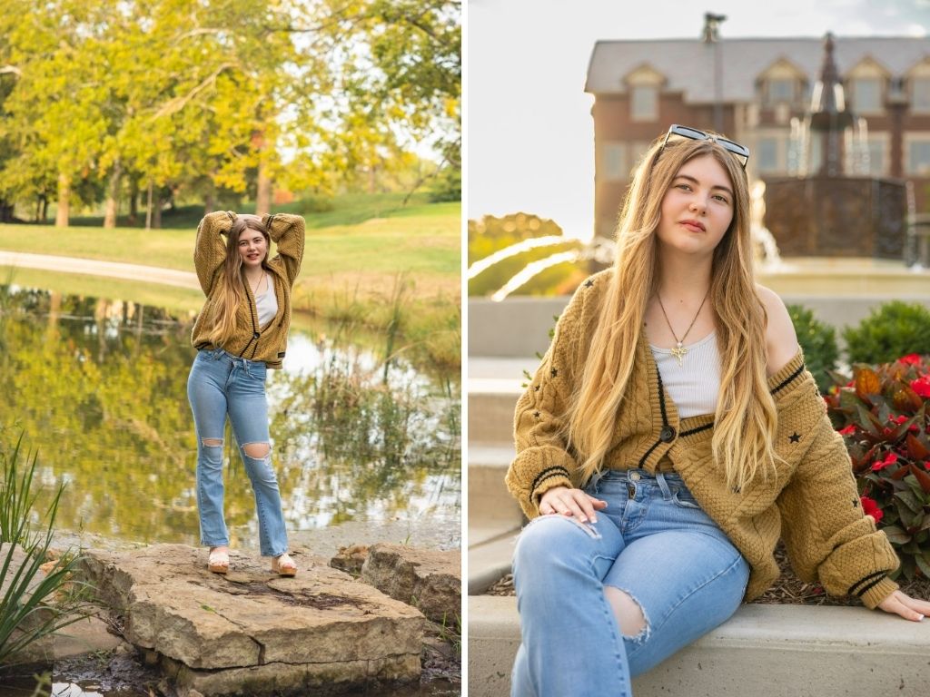 Lily in a mustard cardigan and ripped jeans standing by a pond, and sitting in front of a fountain on the KU campus