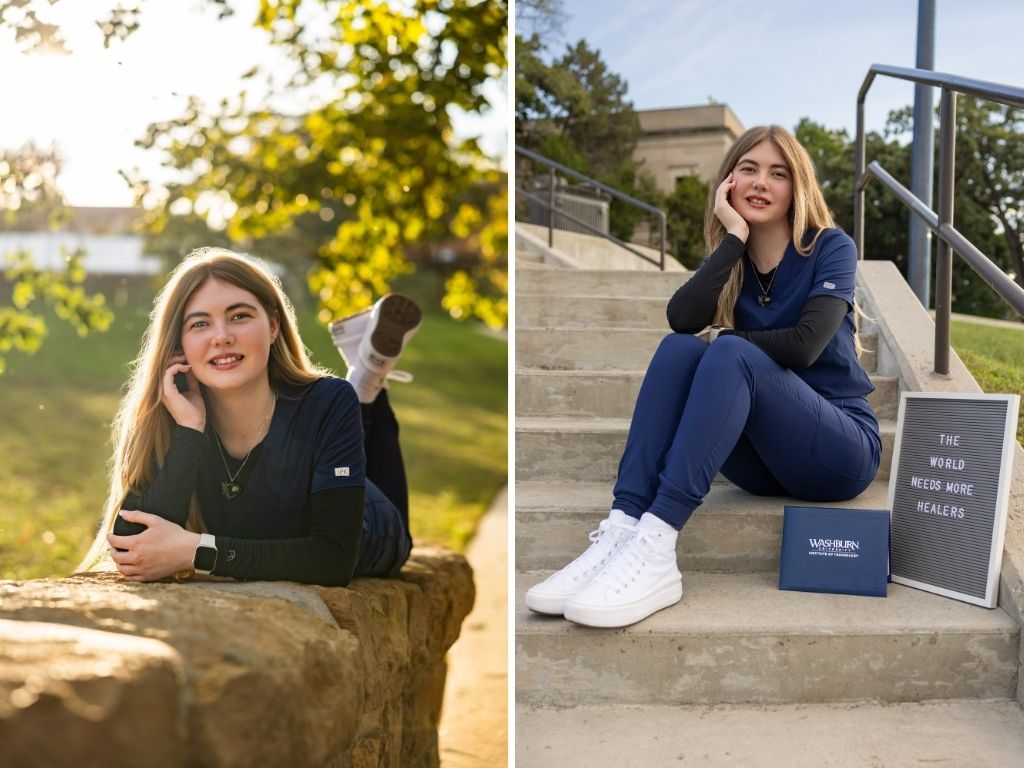 Lily lying on a stone wall in scrubs, and sitting on campus steps beside her diploma and letter board