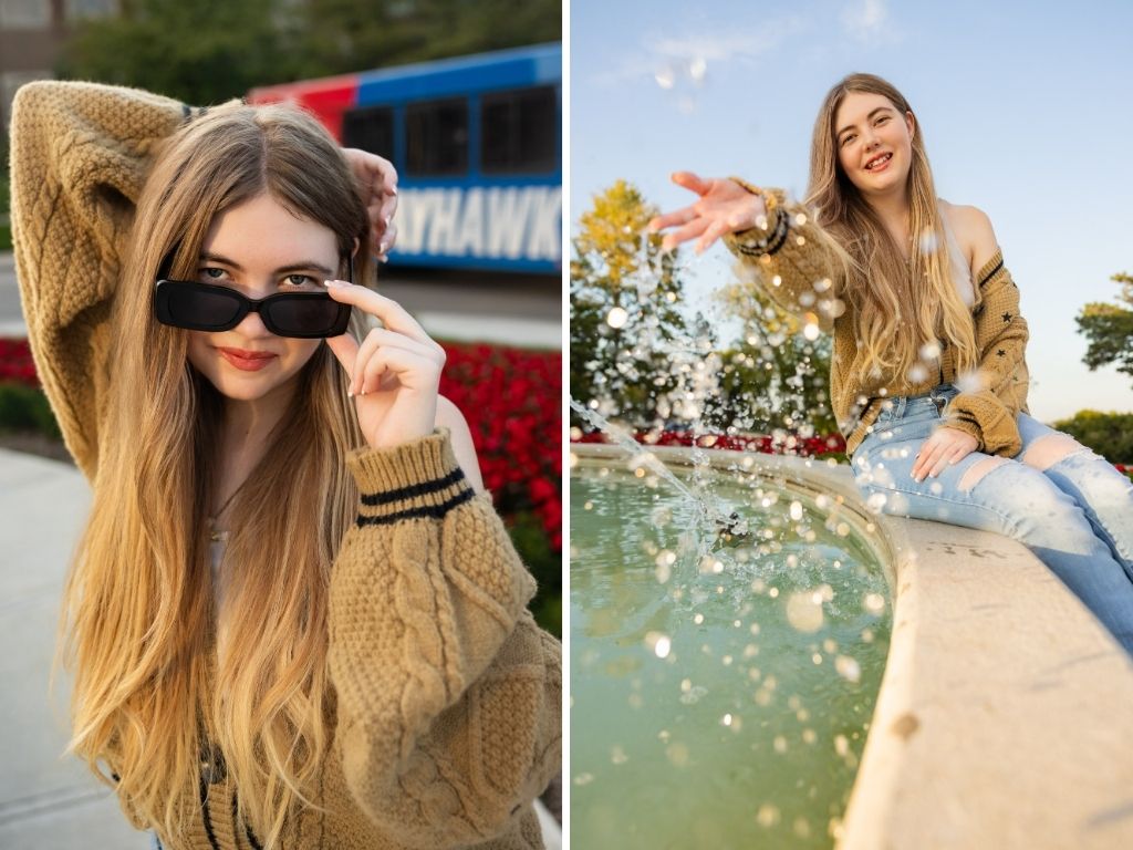 Lily lowering her sunglasses with a Jayhawk bus behind her, and splashing water from a fountain toward the camera