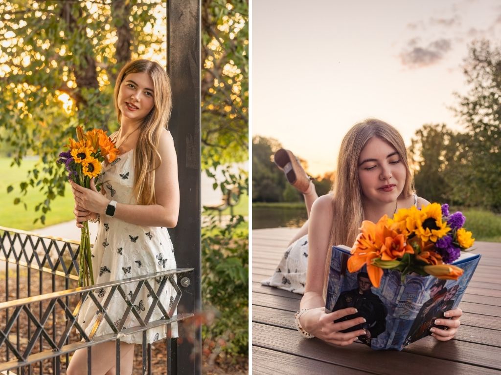 Lily holding sunflowers and lilies by an iron railing, and lying on a dock reading a book at sunset